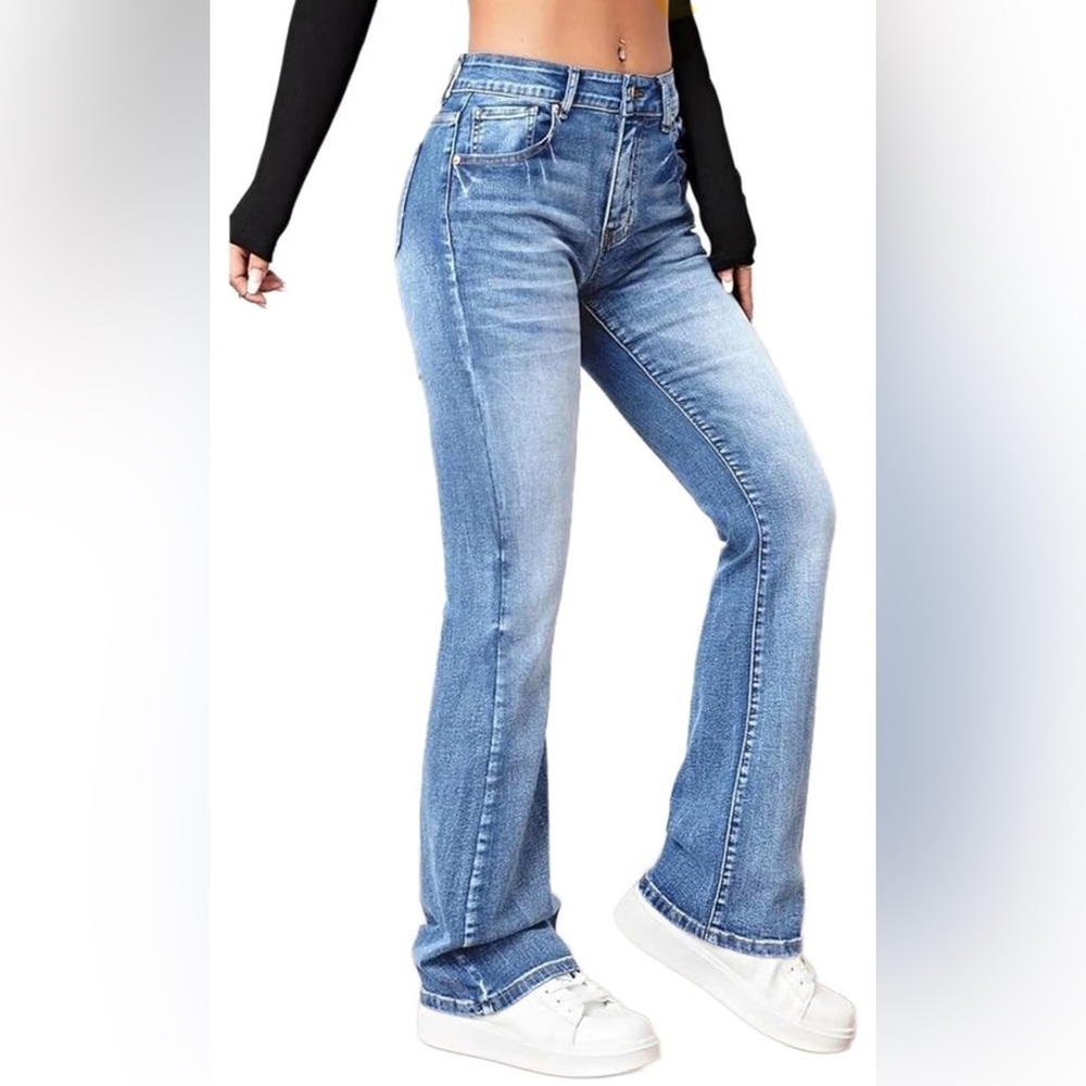 Flamingals 90S Vintage Low Waist Button Hem Bootcut Stretch Flare Leg Jeans